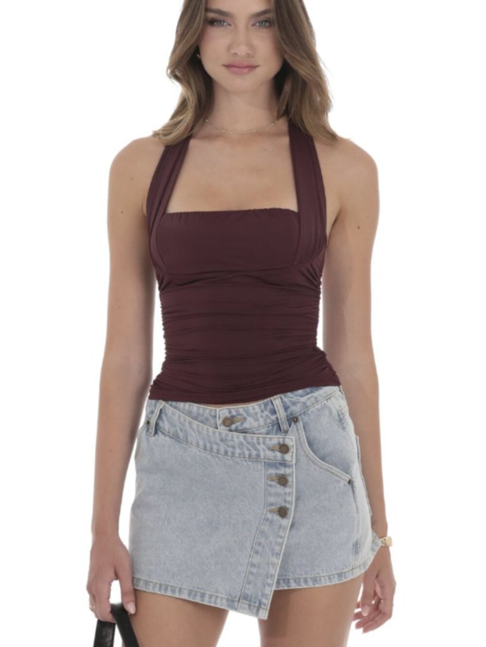 ✰ Lucy in the Sky Halter Ruched Top in Burgundy ✰